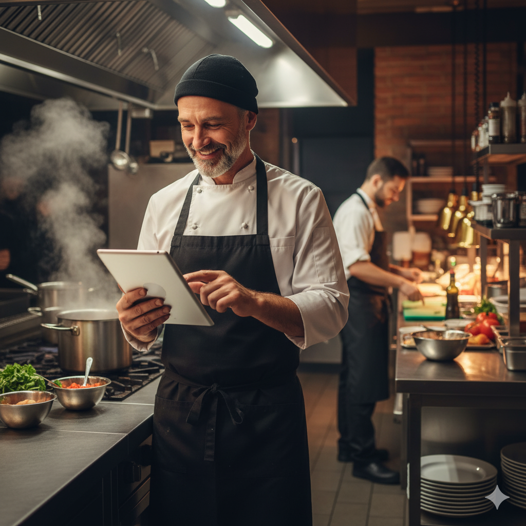 Chef reviewing venue information on a tablet