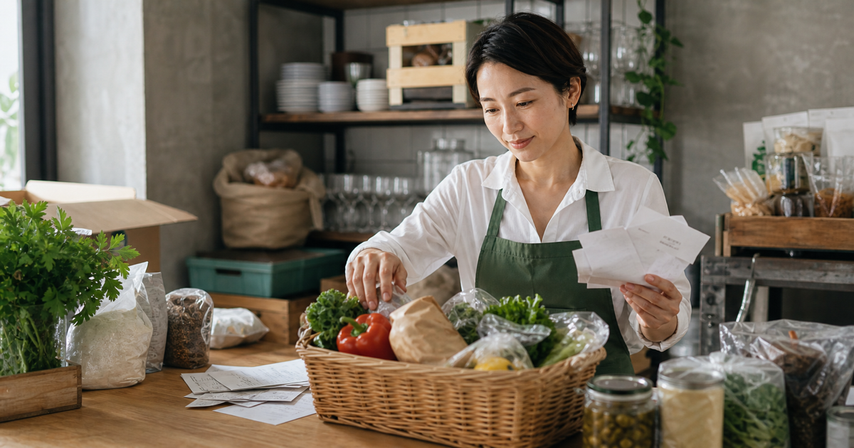 Hospitality operator checking fresh produce and supplier receipts for retail price comparison.