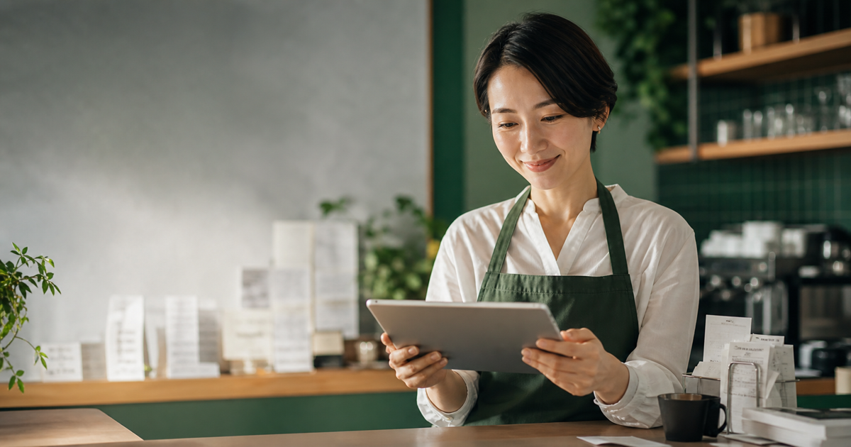 Smiling hospitality operator using a tablet after finishing invoice and accounting admin.