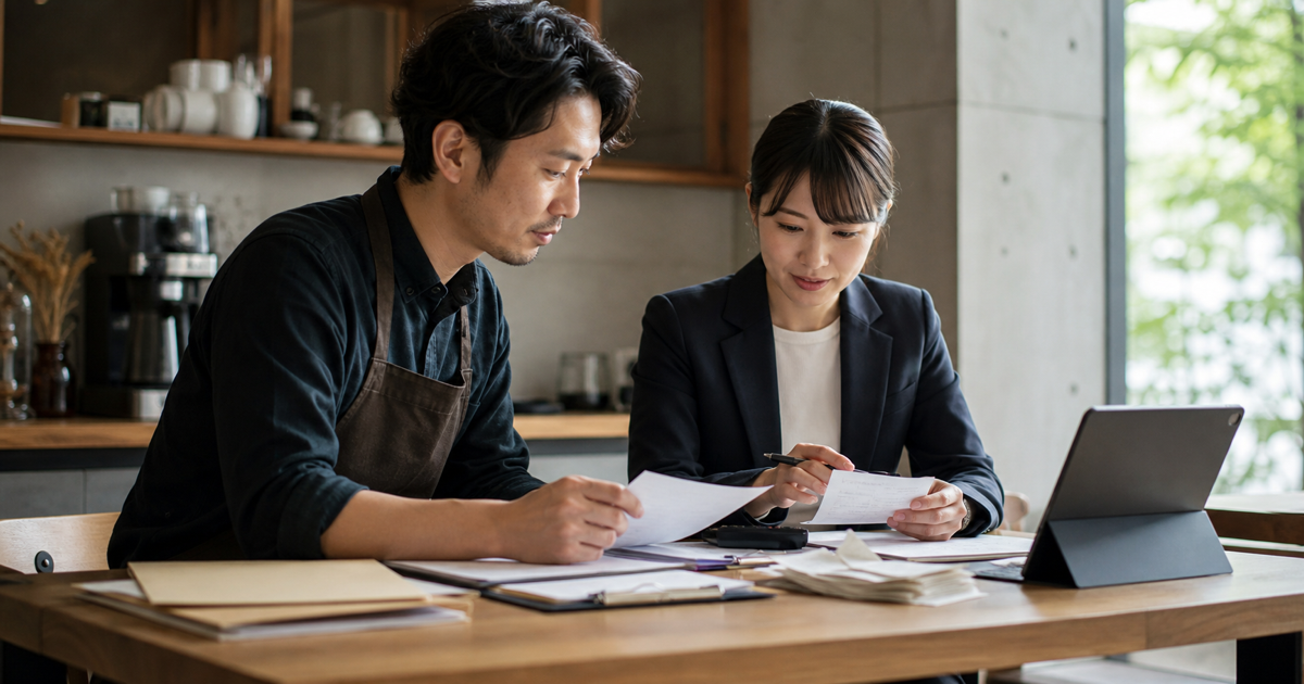 Hospitality operator and tax advisor reviewing supplier paperwork together at a cafe table.