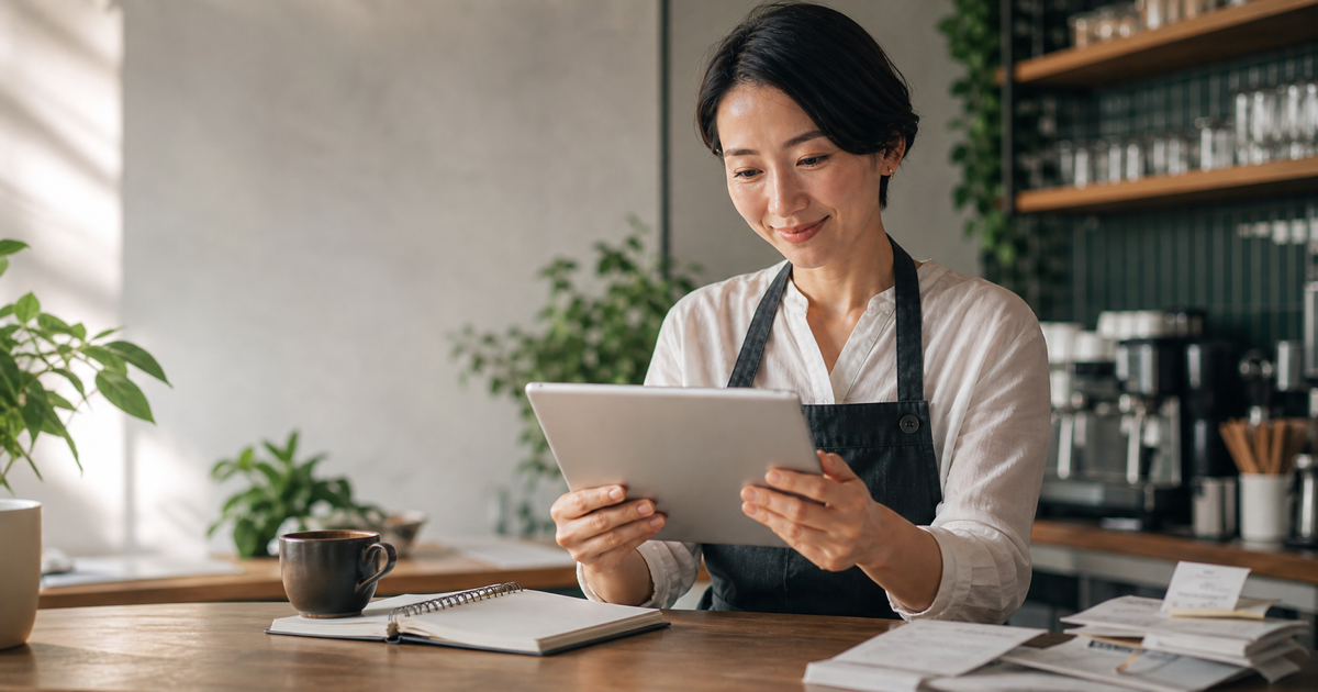 Hospitality operator reading supplier price notes on a tablet in a quiet cafe before service.