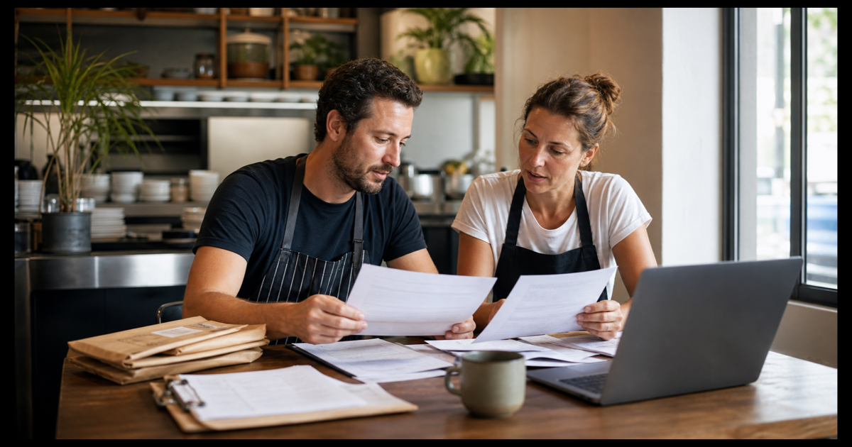 Australian cafe operators reviewing supplier paperwork together before service.